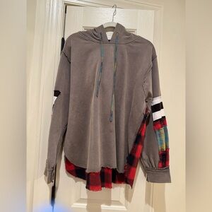 Easel Gray Hooded Sweatshirt with Red Plaid Patchwork size L